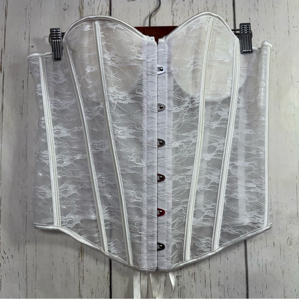 White Lace Bustier Corset Top Lace Up Back Boned Bustier Coquette Festival L